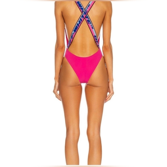 Off-White Tape Ribbed Swimsuit $390 Fuschia Blue White Small - Picture 2 of 11
